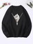 Kedili Fermuar Baskılı Bisiklet Yaka Ünisex Siyah Oversize Sweatshirt 3