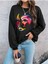 Renkli Yüz Baskılı Bisiklet Yaka Ünisex Siyah Oversize Sweatshirt 1