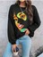 Turuncu Yüz Baskılı Bisiklet Yaka Ünisex Siyah Oversize Sweatshirt 1
