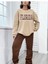Kahve Krem Jogger Sweatshirt Alt Üst Eşofman Takımı Oversize Bisiklet Yaka 1