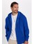 Unisex Relax Fit Rahat Kesim Pamuklu İçi Polarlı Çift Cepli Fermuarlı Sax Mavi Kapüşonlu Sweatshirt 1