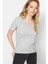 %100 Pamuk Süper Kalite Gri Melanj V-Yaka Kadın Basic Tişört Örme Pamuk Penye T-Shirt 3