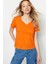 %100 Pamuk Süper Kalite Oranj V-Yaka Kadın Basic Tişört Örme Pamuk Penye T-Shirt Turuncu Orange 3