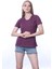 Süper Kalite Mürdüm V Yaka Kadın Tişört Düz Renk Basic Organik Pamuk Örme Penye T-Shirt 2