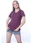 Süper Kalite Mürdüm V Yaka Kadın Tişört Düz Renk Basic Organik Pamuk Örme Penye T-Shirt 5