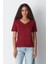 %100 Pamuk Süper Kalite Bordo V Yaka Kadın Basic Tişört Örme Pamuk Penye T-Shirt 2