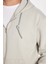 Unisex Relax Fit Rahat Kesim Pamuklu İçi Polarlı Çift Cepli Fermuarlı Taş Renk Kapüşonlu Sweatshirt 3