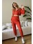 Kadın Viskon Kapşonlu Oversize Crop Sweatshirt-Kiremit 2