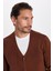 Erkek Slim Fit Düğmeli Düz Pamuklu Kahverengi Hırka 2