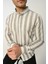 Erkek Gömlek Slim Fit Çizgili Pamuk Keten (Açık Haki) 1