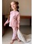 Kız Çocuk Bilekleri Manşetli Kelebek Desenli Pembe Pijama Takımı 2