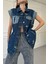 Çengelli Garnili Oversize Denim Ceket- Mavi 2
