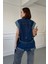 Çengelli Garnili Oversize Denim Ceket- Mavi 5