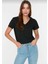 Süper Kalite Siyah V-Yaka Kadın Basic Tişört Örme Pamuk Penye T-Shirt 4