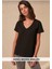 Süper Kalite Siyah V-Yaka Kadın Basic Tişört Örme Pamuk Penye T-Shirt 5