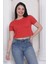 Süper Kalite Kadın Pamuk Penye Kırmızı Kısa Kol Crop Top 1