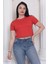 Süper Kalite Kadın Pamuk Penye Kırmızı Kısa Kol Crop Top 3