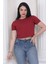 Süper Kalite Kadın Pamuk Penye Bordo Kısa Kol Crop Top 2