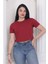 Süper Kalite Kadın Pamuk Penye Bordo Kısa Kol Crop Top 4
