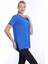 %100 Pamuk Kadın Sax Mavisi V Yaka Yanı Yırtmaçlı Asimetrik Penye Pamuk Örme T-Shirt Tişört Tunik 5