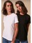 %100 Organik Pamuk 2`li Paket Soft Touch Kadın Tişört Siyah Beyaz Bisiklet Yaka Örme Penye T-Shirt 2