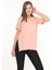 %100 Pamuk Kadın Bej V Yaka Yanı Yırtmaçlı Asimetrik Penye Pamuk Örme T-Shirt Tişört Tunik 1