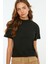 %100 Organik Pamuk Kadın Siyah Basic Ribana'lı Dik Yaka Örme T-Shirt 5
