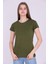 Haki Yeşil Renk %100 Pamuk Bisiklet Yaka Basic Baskısız Kadın Örme Kısa Kollu Tshirt 1