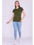 Haki Yeşil Renk %100 Pamuk Bisiklet Yaka Basic Baskısız Kadın Örme Kısa Kollu Tshirt 5