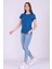 Indigo Mavi Renk %100 Pamuk Bisiklet Yaka Basic Baskısız Kadın Örme Kısa Kollu Tshirt 2