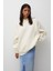 Pamuk Kadın Ekru Basic 3 Iplik Oversize Kapüşonlu Kangru Cepli Sweatshirt 1