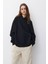 Pamuk Kadın Siyah Basic 3 Iplik Oversize Kapüşonlu Kangru Cepli Sweatshirt 1