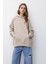 Pamuk Kadın Bej Basic 3 Iplik Oversize Kapüşonlu Şardonsuz Kangru Cepli Sweatshirt 1