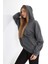 Pamuk Kadın Füme Antrasit Melanj Basic 3 Iplik Oversize Kapüşonlu Kangru Cepli Sweatshirt 4