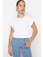 Beyaz %100 Pamuk Düğmeli Vatka Görünümlü Basic Bisiklet Yaka Örme T-Shirt 3