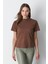 %100 Organik Pamuk Kadın Kahverengi Basic Ribana'lı Dik Yaka Örme T-Shirt Yarım Balıkçı 1