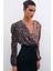 Kruvaze Desenli Bodysuit - Siyah-Camel 1