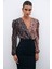 Kruvaze Desenli Bodysuit - Siyah-Camel 4