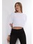 Beyaz %100 Pamuk Baskılı Kadın Basic Crop Bisiklet Yaka Uzun Kollu Sweatshirt 1