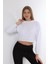 Beyaz %100 Pamuk Baskılı Kadın Basic Crop Bisiklet Yaka Uzun Kollu Sweatshirt 3
