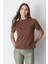 %100 Organik Pamuk Kadın Kahverengi Basic Ribana'lı Dik Yaka Örme T-Shirt Yarım Balıkçı 2