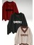 Kadın 3 Iplik Kırmızı Siyah Bej 3'lü Comfort In Paris Baskı V Yaka Oversize Sweatshirt 1