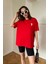 Kalp Nakışlı Bisiklet Yaka Oversize Tişört- Kırmızı 5
