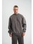 Unisex Uzun Kol Bisiklet Yaka Yıkamalı Sweatshirt - Füme 2