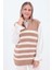Bisküvi-Ekru-Çizgili Fermuarlı Triko Süveter 1