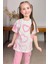 Kız Çocuk Pano Kalp Baskı Bisiklet Yaka T-Shirt Kargo Cepli Alt Pembe Eşofman Takım 2