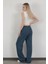 Kadın Beli Lastikli Bağcıklı Bol Paça Pantolon Lacivert - 4707 4