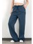 Kadın Beli Lastikli Bağcıklı Bol Paça Pantolon Lacivert - 4707 5