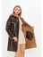 Deri Kapüşonlu Oversize Kadın Kaban - Içi Kürklü - Koyu Kahverengi 90 Cm- 113422 2