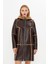 Deri Kapüşonlu Oversize Kadın Kaban - Içi Kürklü - Koyu Kahverengi 90 Cm- 113422 4